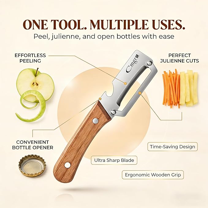 Vegetable Peeler, Multifunctional Stainless Steel Potato & Fruit Peeler with Bottle Opener, Wooden Handle Kitchen Tool, Zero Snag Design