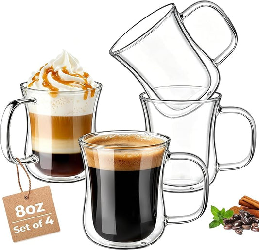 ecooe 8 Oz Double Walled Glass Coffee Cups Latte Cappuccino Cups Set of 4, Clear Glass Coffee Mug with Handle, 240 ml (full capacity) Espresso Cups Borosilicate Double Wall Glass Espresso Coffee Cups