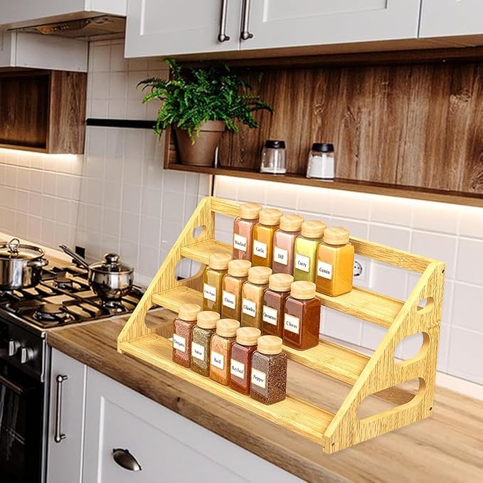 Spice Rack - Tiered Spice Rack Organization for Cabinet - 3 Tier Bamboo Display Spice Shelf for Countertop