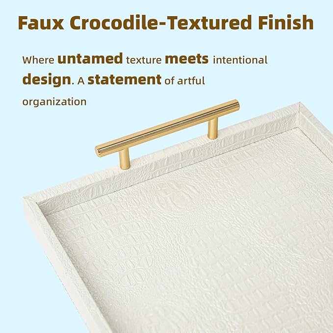 Set of 2 Modern Elegant Large Wood Serving Tray, Rectangle Decorative Tray Ottoman Tay Coffee Table Tray, Pearl White Crocodile Leather with Gold Polished Metal Handles