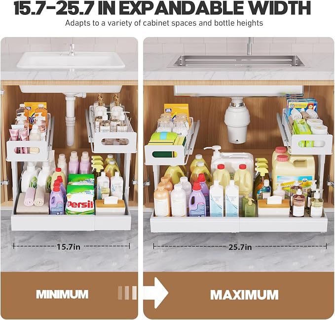 1 Pack-16"-26"W Expandable Under Sink Organizer With Upgrade Ball-Bearing Slide,2-Tier Pull Out Under Cabinet Organizer Height Adjustable,Not Suitable For Cabinets With Partitions In The Middle