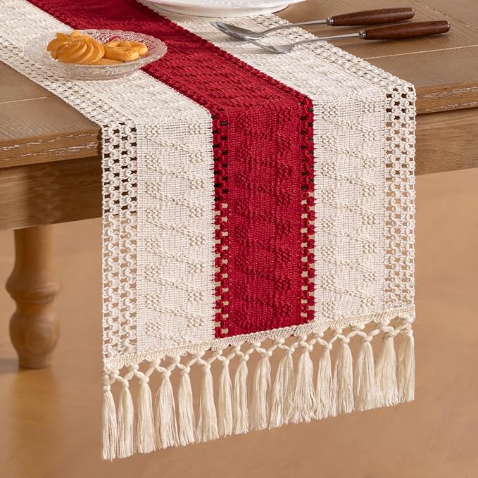 Socomi Boho Table Runner Summer Farmhouse Rustic Dining Kitchen Centerpiece Decor Small Macrame Woven Cotton Linen Coffee Table Runner for Dresser Scarf Home Decor 12x60 in Red Ivory