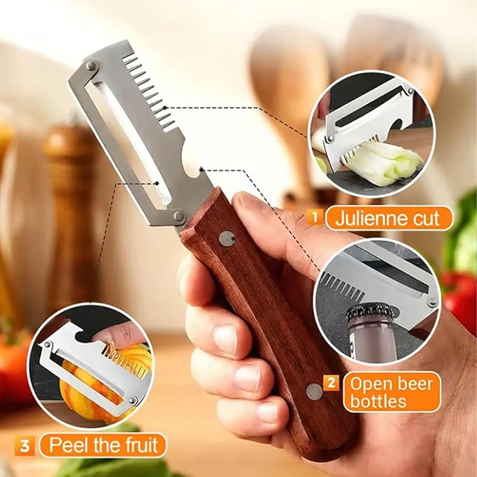 3 in 1 Premium Heavy Duty Stainless Steel Peeler - 2026 New 0 Snag Wooden Peeler for Kitchen - Multifunctional Vegetable Peeler with Bottle Opener & Serrated Blade - Fruit & Potato Peeling Tool (#B)
