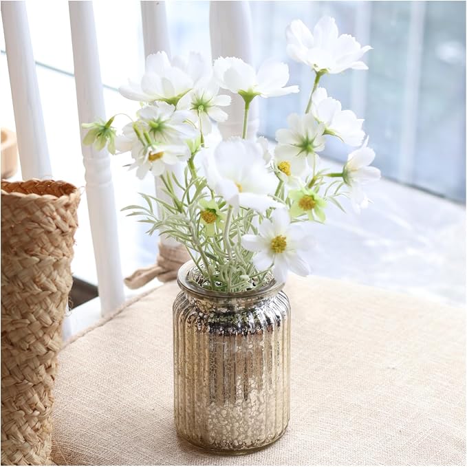 13.5" White Daisy Artificial Flowers in Fluted Glass Vase, Fake Flowers Arrangement with Vase, Centerpiece for Coffee Table Decor, Wedding Party, Bathroom Decor, Home Decor Indoor