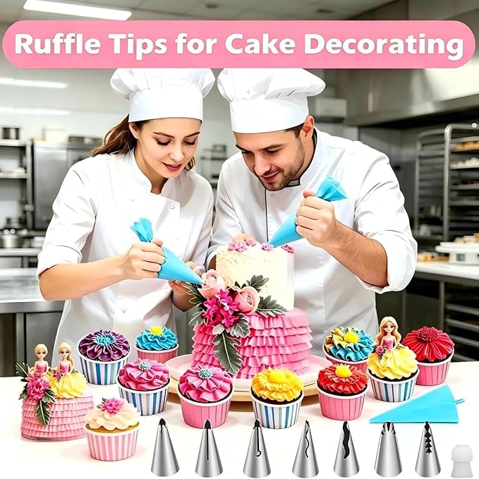 10pcs Cake Decorating Icing Piping Tip Set, Pleated Skirt PipingNozzles Set Ruffle Piping Tips Stainless Steel Frosting TipsDecorating Tips for Cake Cupcakes Cookies with A Cleaning Brush(10pcs)