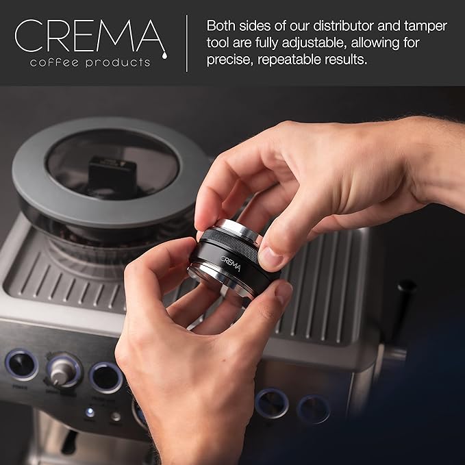CREMA Coffee Products 53.3mm Hand Tamper & Coffee Distributor | Compatible with Breville Portafilters | Double-Sided, Adjustable Depth Tool | Made with Durable 304 Stainless Steel | Black