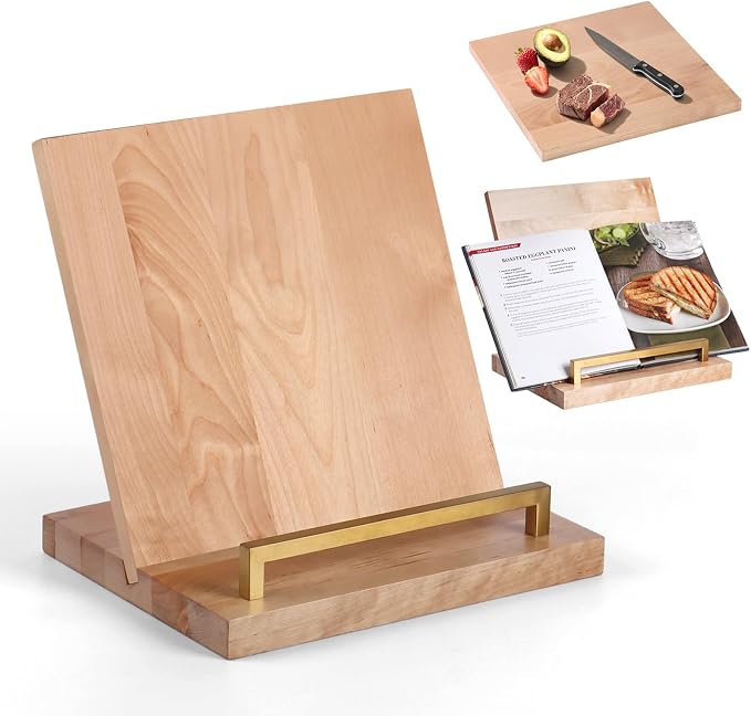 Cookbook Stand with Removable Cutting Board – Adjustable Recipe Book Holder, Charcuterie Board & Kitchen Serving Tray, Kitchen Counte Decor (Gold)