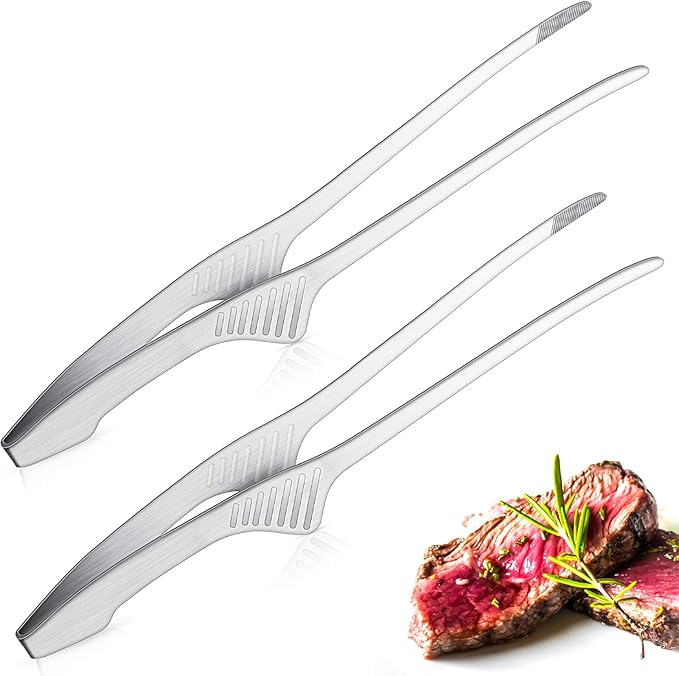Patelai 2 Pieces Korean and Japanese BBQ Tongs Non Slip Cooking Utensils Stainless Steel Tongs for Serving Food, Salad, Camping, Barbecue, Buffet, Oven with Support Stand (Silver)