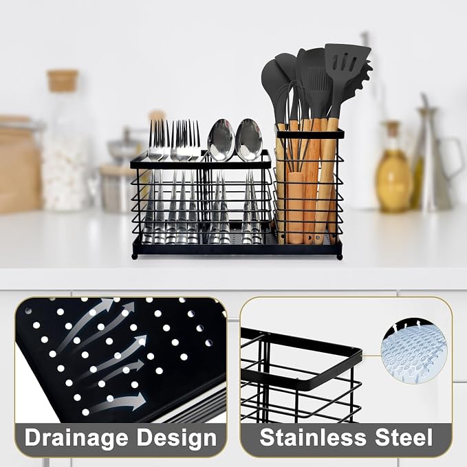 Kitchen Utensil Holder for Countertop, Thickened Stainless Steel Black Utensil Holder with Drainage Base, Large Capacity Kitchen Utensil Organizer with 1 Removable Divider (3 Compartment)