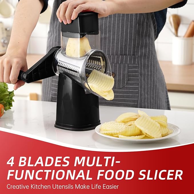 Rotary Cheese Grater with 4 Blades, Hand Crank Cheese Grater with Waffle Slicer, Red, Black and White Cheese Shredder with Suction Base, Easier for Shredding & Grating (Black)