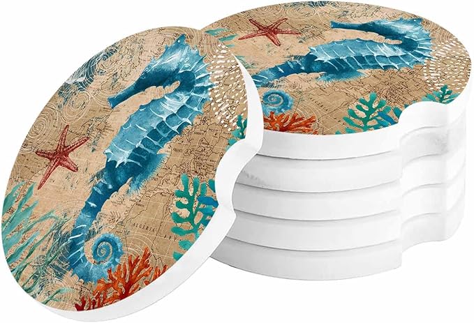 Small Car Coasters for Cup Holders 2.65" Absorbent 6 Pack Car Coaster Ceramic Stone for Drinks Absorb Water Drops Nautical Theme Sea Life Seahorse Starfish and Seaweed