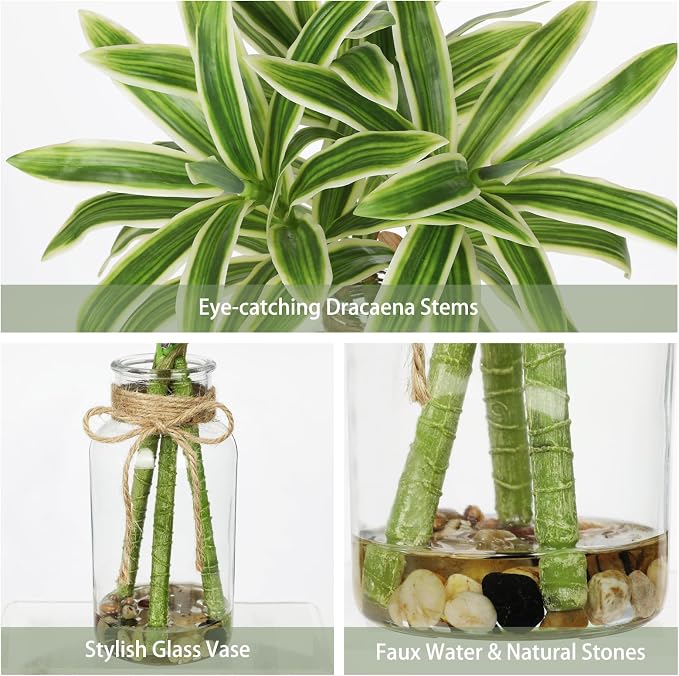 Faux Greenery Stems in Vase Dracaena Aritificial Plant in Glass Vase with Faux Water & Stones 15.7" Small Potted Plants Arrangement Centerpieces for Farmhouse Kitchen Dinner Tables Greenery Decor