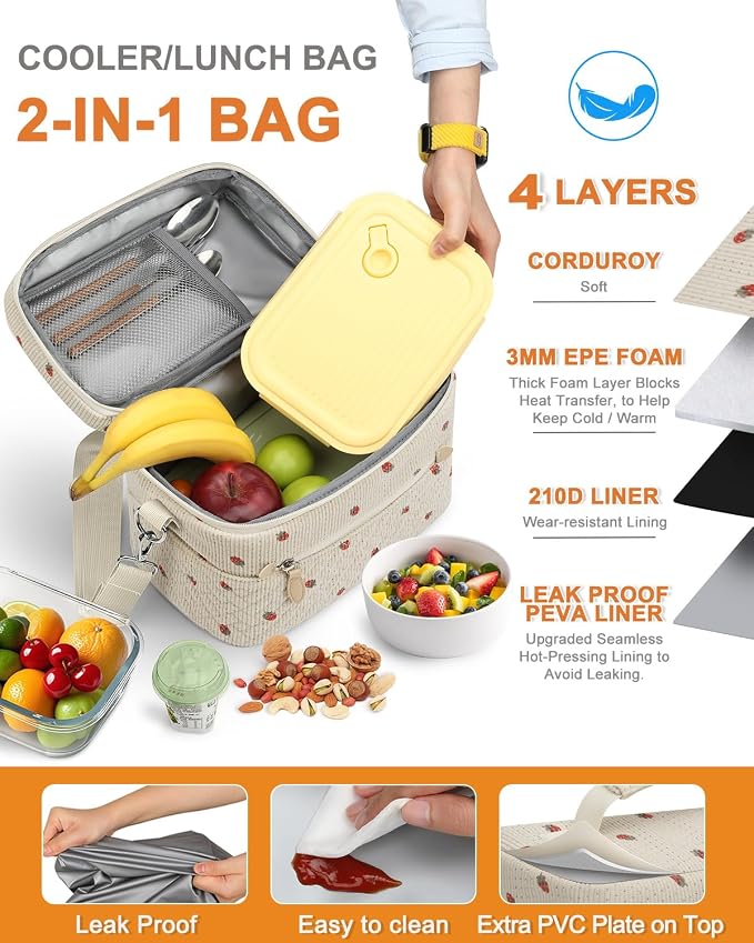 Capolo Lunch Box for Women Men Adults,Insulated Lunch Bag Leakproof Lunch Cooler Box with Removable Strap Cute Lunch Tote Bags Reusable Thermal Lunchbox for Work Picnic(Small,Strawberry)