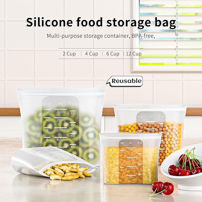 Bangp Premium Silicone Reusable Food Storage Bags,4 Pack,Stand-Up Bottom,Multi-Use Food Freezer Bag,Reclosable Silicone Bags for Marinate Meats,Salad Fruit,Home Organization,Leak-free,Dishwasher Safe
