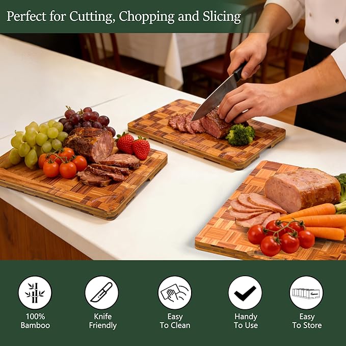 Cutting Board,Heavy Duty Cutting Board Set of 3 with Stand,End Grain Butcher Block Cutting Boards for Kitchen with Juice Grooves and Handles for Meat, Cheese, Charcuterie and Serving