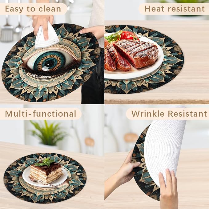 Round Placemats Set of 4, Ethnic Flowers Eye of Evil Woven Placemats Mats Non-Slip Heat Resistant Washable Table Mats Round Braided Place for Farmhouse Kitchen Dining Party Decor 15in