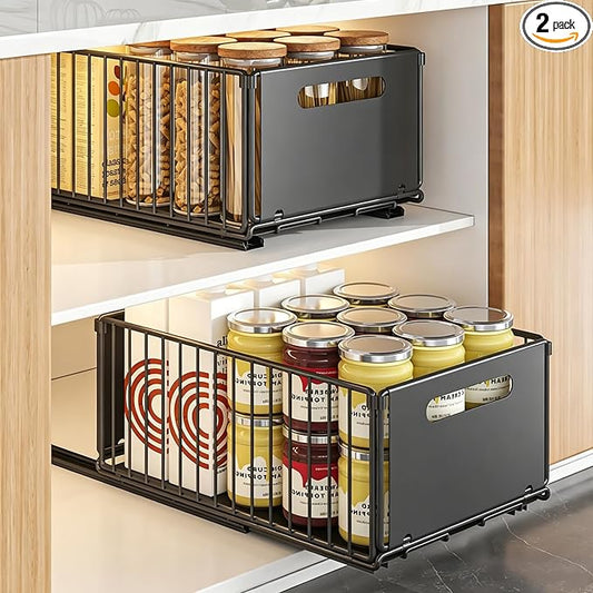2 Pack Pull Out Cabinet Organizer, Heavy Duty Slide Out Drawer with No Drill Adhesive or Screw Mount, Carbon Steel Roll Out Shelf for Kitchen Cabinet, Pantry & Bathroom Storage