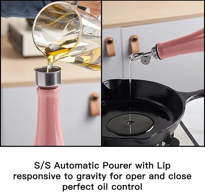 YOLIFE Olive Oil Dispenser Bottle, 16oz Ceramic Oil Dispenser for Kitchen, Oil Bottle with Gravity Spout, Leak Proof EVOO Dispensing Bottle with 2 Spouts and 1 Funnel for Vinegar, Juice(Pink)