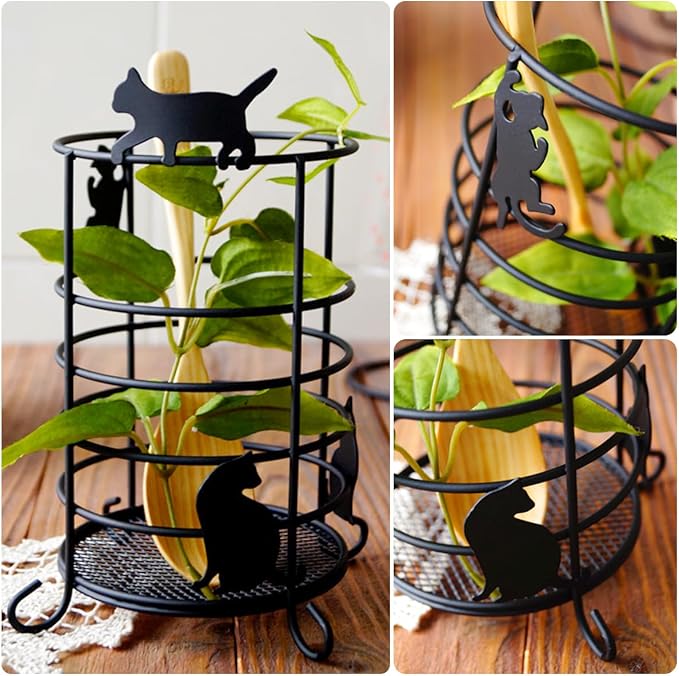 DOERDO Round Metal Utensil Holder for Kitchen Counter, Ventilated Cutlery Caddy with Mesh Base and Cat Design for Rustproof Spoon Spatula Whisk
