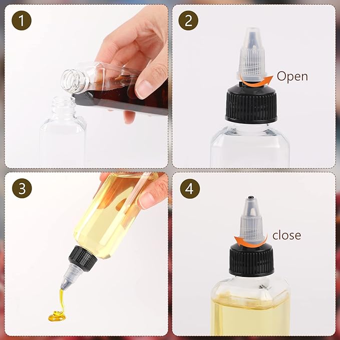 Sliverdew 4 Pcs Oil Squeeze Bottles 3.4 OZ Empty Bottles with Twist Top Cap Plastic Liquid Condiment Container Leak-Proof Dispensing Bottles for Oil Soy Sauce Vinegar Syrup Ketchup