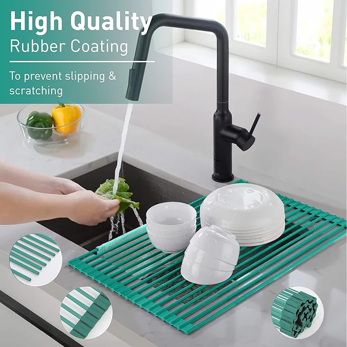 Bellemain Dish Rack Over Sink, Roll Up Dish Drying Rack | Silicone & Stainless Steel Dish Drainer, Dish Drying Mat, Space Saving Drying Rack (Green, Medium)
