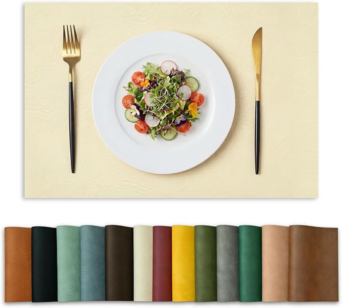 Artoid Mode Beige Faux Leather Placemats Set of 6, 12x18 Inch Waterproof Wipeable Heat Resistant Vinyl Place Mats, Reversible Table Mats for Kitchen Dining Decor