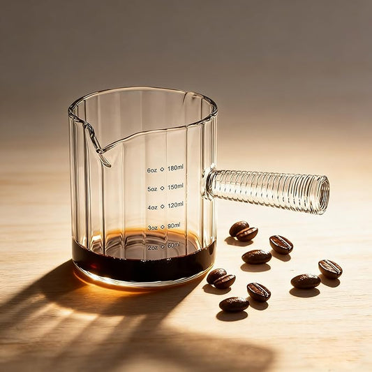 Glass Espresso Cup 6 OZ, Double Shots Measuring Cup with Glass Handle for Dishwasher Safe, Double V-Shaped Spout Milk Frothing Pitcher, Espresso Accessories for Machine, Demitasse Cups (Clear)
