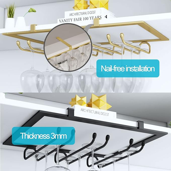 Stemware Holder Wine Champagne Glass Holder 5 Slots 15 Cups Stainless Steel Goblets Stemware Rack Holder Cabinet Hanging Storage Rack, Wine Glass Rack Under Cabinet (Color : Gold)