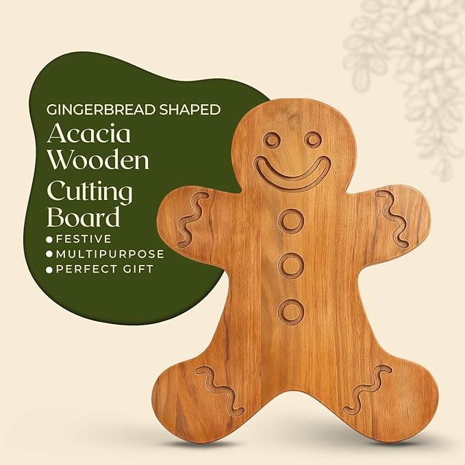 Aurah Gingerbread Shaped Acacia Wood Cutting Board for Kitchen Decorative - Wooden Charcuterie Serving Platter Snack, Fruit & Cheese - Housewarming, Wedding Gifts (13.5 x 10.5 Inch)