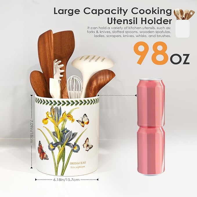 ACMLIFE Extra Large Cooking Utensil Holder, 7.3" Kitchen Utensil Holder for Countertop, Utensil Crock for Farmhouse Kitchen Decor, Ceramic Stable Utensil Caddy, Floral (Iris)