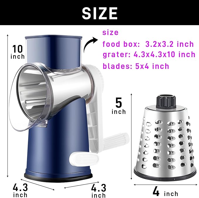 Weltonhm Rotary Cheese Grater with 4 Blades, Large Hand Crank Cheese Grater with Waffle Slicer, Blue Cheese Shredder with Suction Base, Easier for Shredding& Grating (Blue, 4 Graters)