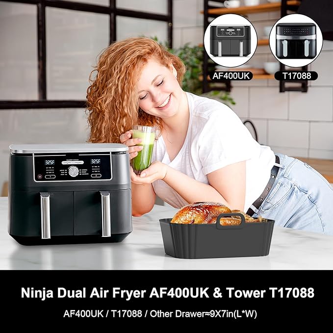 Silicone Air Fryer Liners 2 Pack, Reusable Compatible for Ninja Foodi DZ201, DZ401, DZ550, DZ302, COSORI 9QT, Chefman, Instant, and 6-in-1 8-10QT Dual Baskets