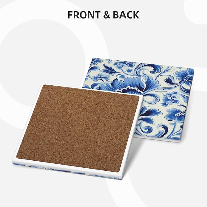 Coasters Set of 6, Coasters for Drinks Absorbent Stone with Holder, Blue and White Flower Ceramic Drink Coaster for Tabletop Protection, Coffee Table Decor Ideal for Home Decor House Warming Gifts