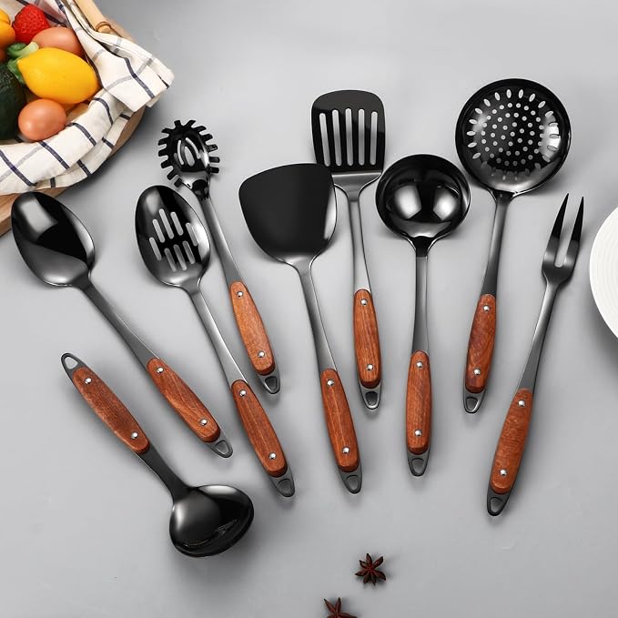 304 Stainless Steel Cooking Utensils Set,9PCS Metal Kitchen Utensils Set with Wooden Handle,Solid Spoon,Spatula,Ladle,Skimmer,Spaghetti Spoon,Dishwasher Safe(Black)