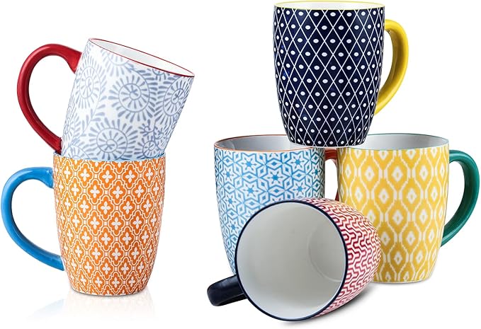 Selamica 16 oz Porcelain Coffee Mugs Set of 6, Coffee Cups Ceramic With Handle, Dishwasher, Oven, Microwave Safe, Assorted Colors | Coffee Cups