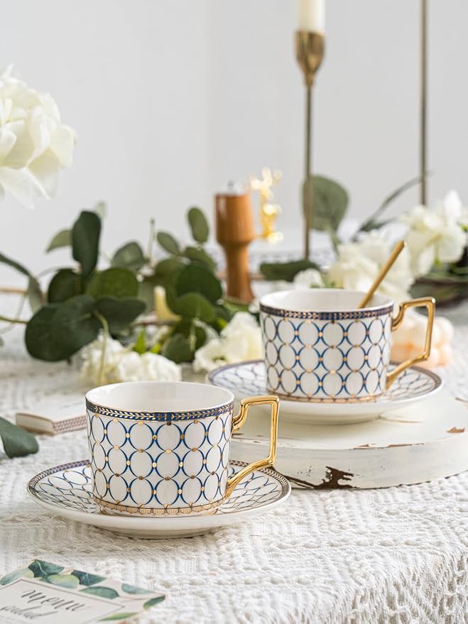 CwlwGO-7 Oz Bone China Blue Tea Cup and Saucer Service for 4,Afternoon Porcelain Tea Set with Teapot,Tea Sets For Women Tea Party.