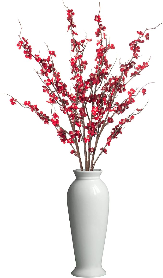 Ammyoo 4Pcs Cherry Blossom Branches Artificial Flowers for Spring Summer Indoor Decoration,Faux Long Stem Artificial Flowers for Wedding Home Office Bedroom Party Table Centerpieces Decor(Red)