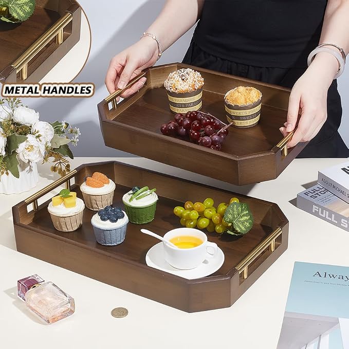 2pcs Wooden Serving Trays for Party with Metal Handles Octagonal Ottoman & Decorative Tray for Coffee Table Jewelry Tea Food Breakfast Eating Tray for Rustic Home & Kitchen Decor