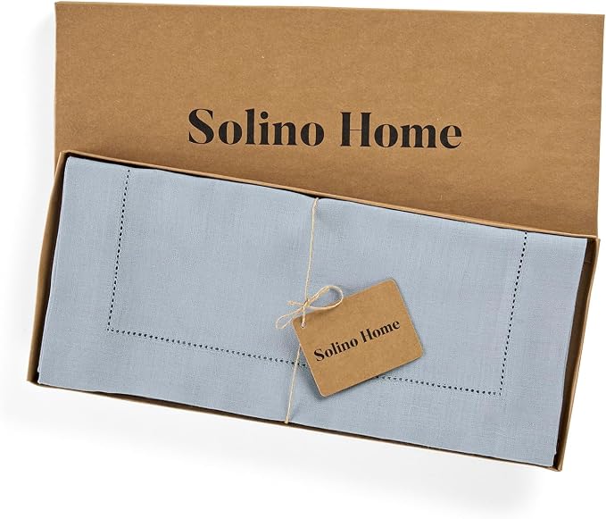 Solino Home Linen Table Runner 120 Inches Long - 100% Pure Linen Dusty Blue Table Runner 14 x 120 Inch for Summer - Classic Hemstitch