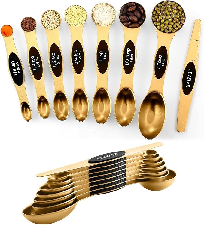 ChefAide Pack of 8 Stainless Steel Magnetic Measuring Spoons Set, Dual Sided, Stackable, Adjustable Teaspoon and Tablespoon Measure Spoon with Leveler, Kitchen Gadgets