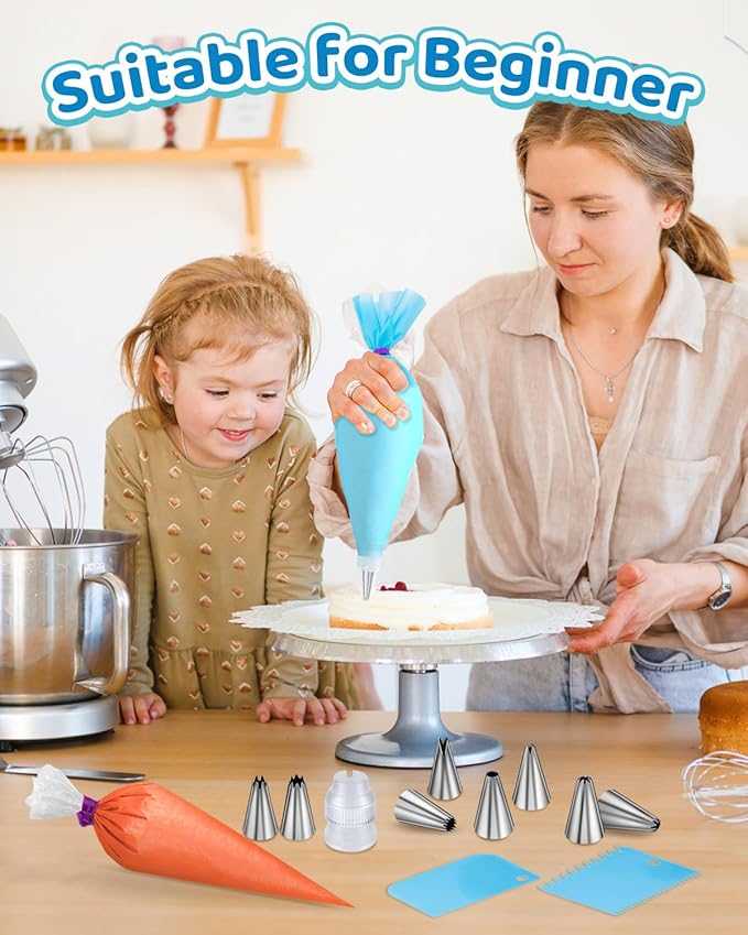 130 Pcs Piping Bags and Tips Set, Cakes Decorating Kit Supplies with 100 Pcs 12 Inch Piping Bags, 1 Reusable Pastry Bags, 18 Tips, 2 Couplers, 2 Bags Ties, 3 Clips, 1 Scriber Needle, 3 Cake Scraper