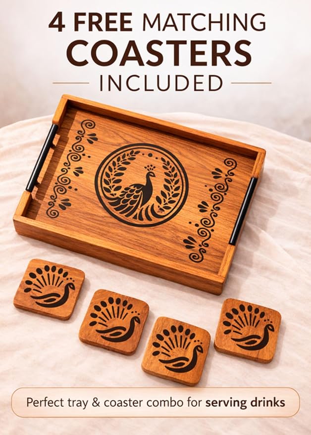 Teak Wood Serving Tray I Rectangular Wooden Tray for Tea, Coffee & Snacks I Wooden Tray Set for Serving I Set of 4 Coasters I 15x11x2 inch (Mayur Tray)