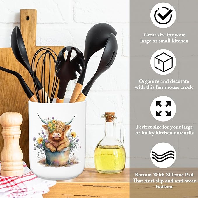 FYSUIMU Highland Cow Ceramic Utensil Holder Watercolor Cow Floral Utensil Crock for Farmhouse Home Kitchen Countertop Storage Organizer, Set of 2