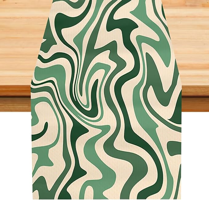 Retro 70s Groovy Table Runner,Vintage Abstract Modern Art Green Boho Spiral Swirl Waves Farmhouse Country Dinner Runner for Home Kitchen Dining Table Party Holiday Decor 13"x60"