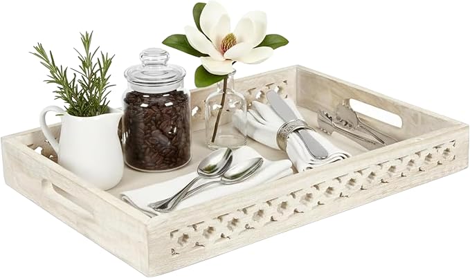 Mela Artisans Trellis Whitewash Mango Wood Serving Tray with Handles – Handcrafted Wooden Tray for Coffee Table, Kitchen Countertop, Snacks & Home Decor – Medium, 16 x 12 x 2.5