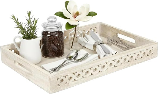 Mela Artisans Trellis Whitewash Mango Wood Serving Tray with Handles – Handcrafted Wooden Tray for Coffee Table, Kitchen Countertop, Snacks & Home Decor – Medium, 16 x 12 x 2.5