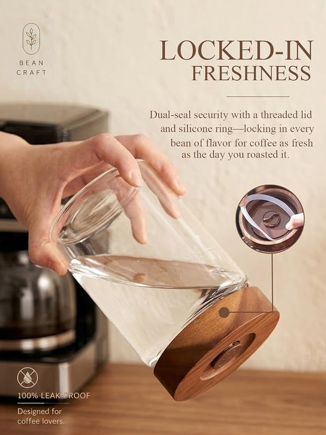 Coffee Canister, 14oz Airtight Coffee Bean Container with Wood Lid | True 14oz Capacity for Whole Beans, One-way Valve Glass Jar with Airtight Wood Lid for Coffee, Tea, Sugar, Spices, and Snacks