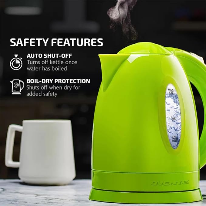 OVENTE Electric Kettle,1.7L Fast Boiling Water Heater for Coffee or Tea,BPA Free with Water Level Gauge,Auto Shut-Off,Boil-Dry Protection,Indicator Light and Removable Filter,Green KP72G,(Pack of 12)