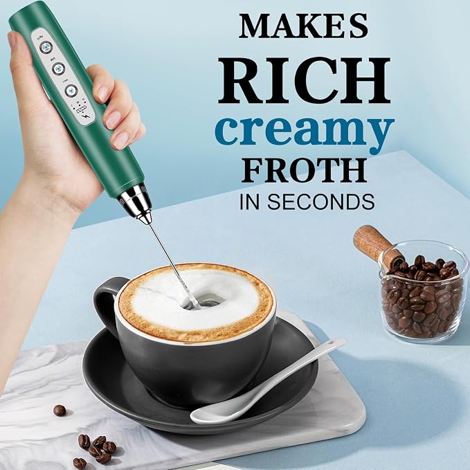 BSRGMS Milk Frother Handheld with Stand, Electric Whisk 3 Speed Adjustable, Drink Mixer with Stainless 3 Whisk, Rechargeable Hand Frother Wand, Foam Maker for Latte Cappuccino Hot Chocolate Egg Green