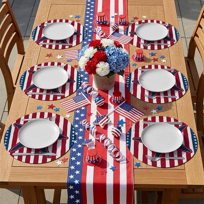 4th of July Round Placemats Set of 4 Happy 4th of July Place Mats Independence Day Woven Placemat Red White Blue Starfish Star Stripes Circle Braided Table Mat for Kitchen Dining Table Party 15 Inch